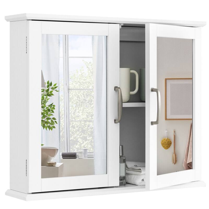 Gymax Bathroom Medicine Cabinet 2-Tier Wall-Mounted Mirror Storage - White