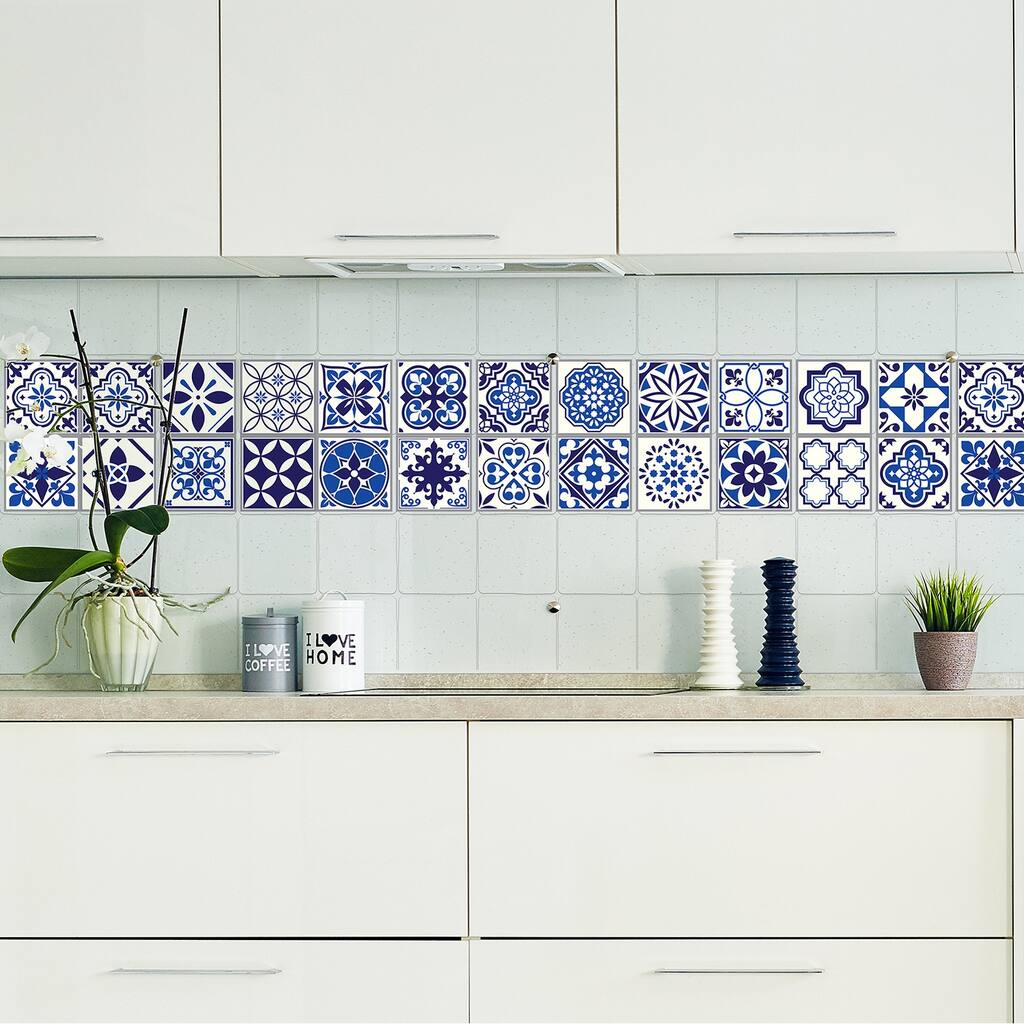 Walplus Spanish Moroccan Blue Tile Stickers Peel and Stick Wall Sticker Decal 24pcs 4"