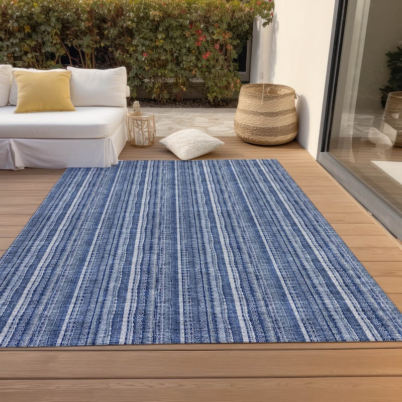 Machine Washable Indoor/ Outdoor Stripe Chantille Rug - Denim - 5' x 7'6"