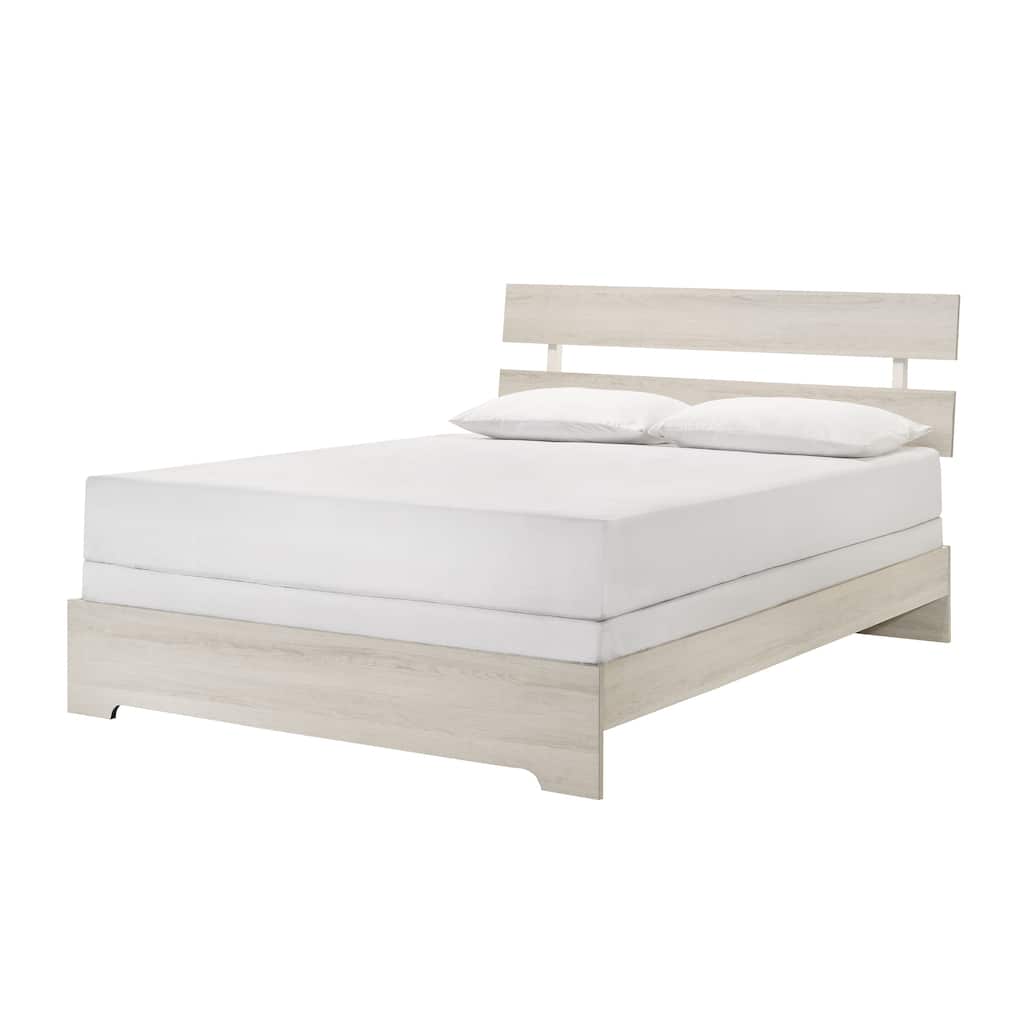 Rustic Queen Platform Bed with Slat Headboard, Low-profile Frame, White Wash Finish, Contemporary Style