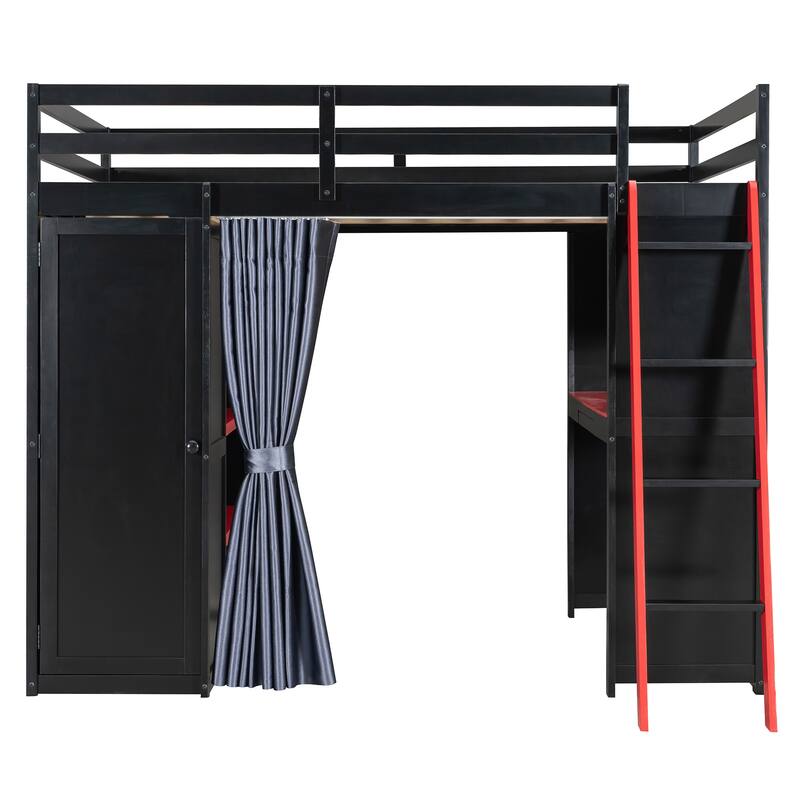 All-in-One Loft Bed Full Size Bedframe with Wardrobe, Shelves, Blackout Curtains, Pegboard, Charging Station and RGB Light Strip