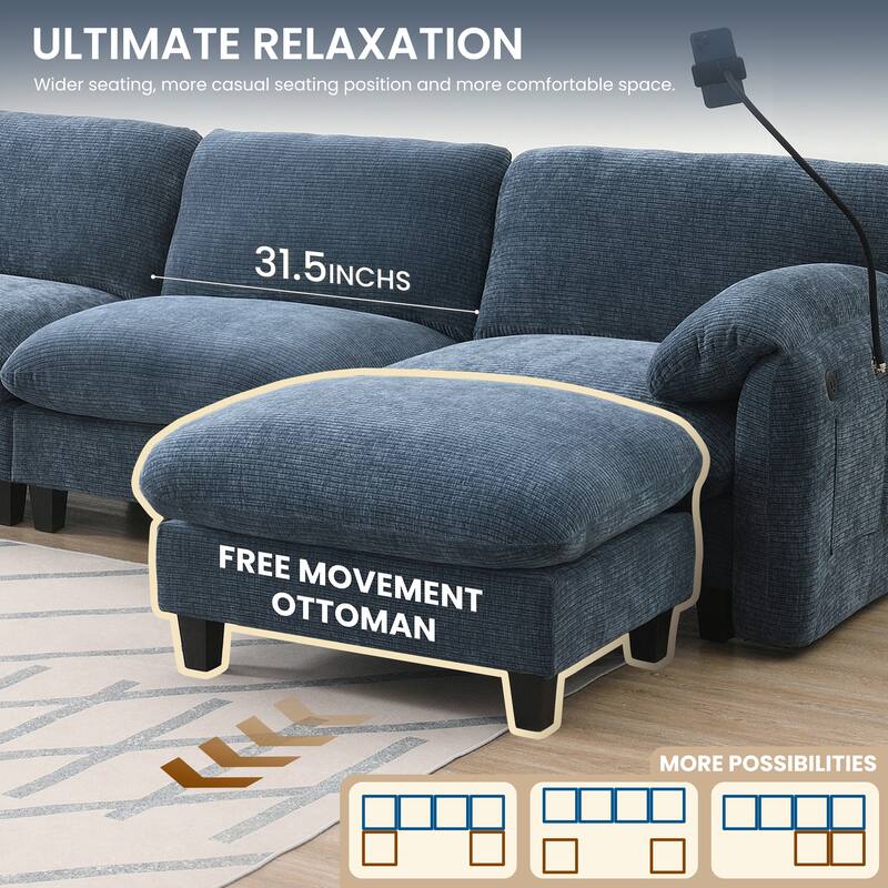 Striped Chenille Modular Sectional Sofa Set with Movable Ottoman, Phone Holder, Dual-Port Charging, 2 Side Storage Pockets