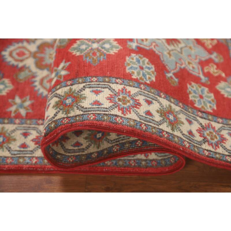 Geometric Kazak Runner Rug Hand-Knotted Traditional Red Wool Carpet - 2'1" x 5'10"
