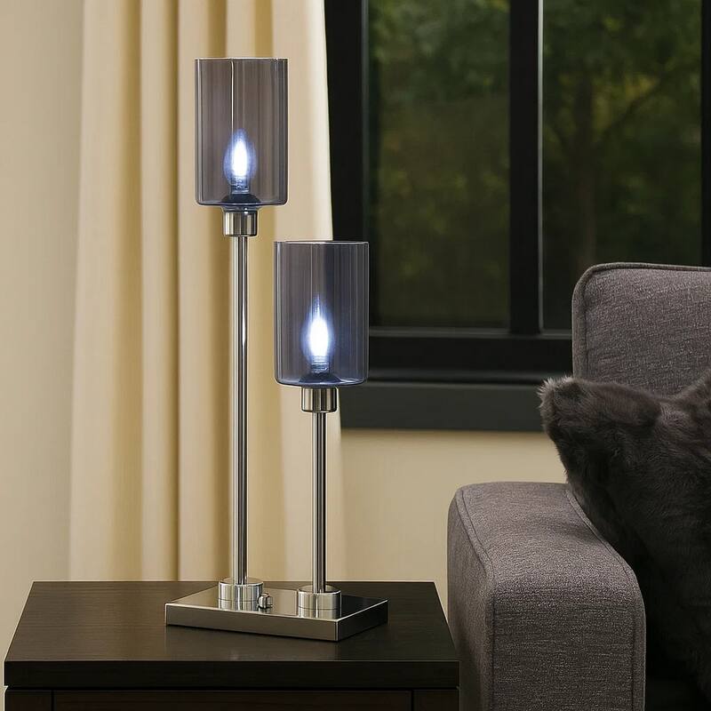 29 Inch Table Lamp with Dual Gray Shade, Glass and Metal, Nickel Finish