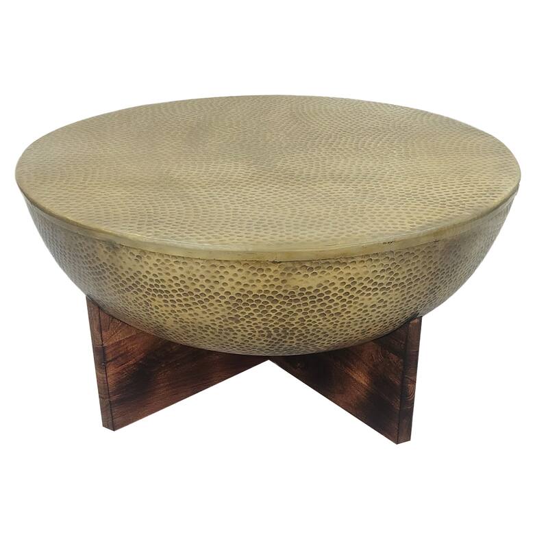 Arden Coffee Table, Round Hammered Metal Top, Mango Wood Base, Antique Brass