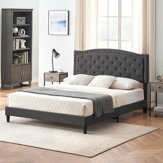 Grey Tufted Bed Frame with Headboard Strong Wood Slat Support ...