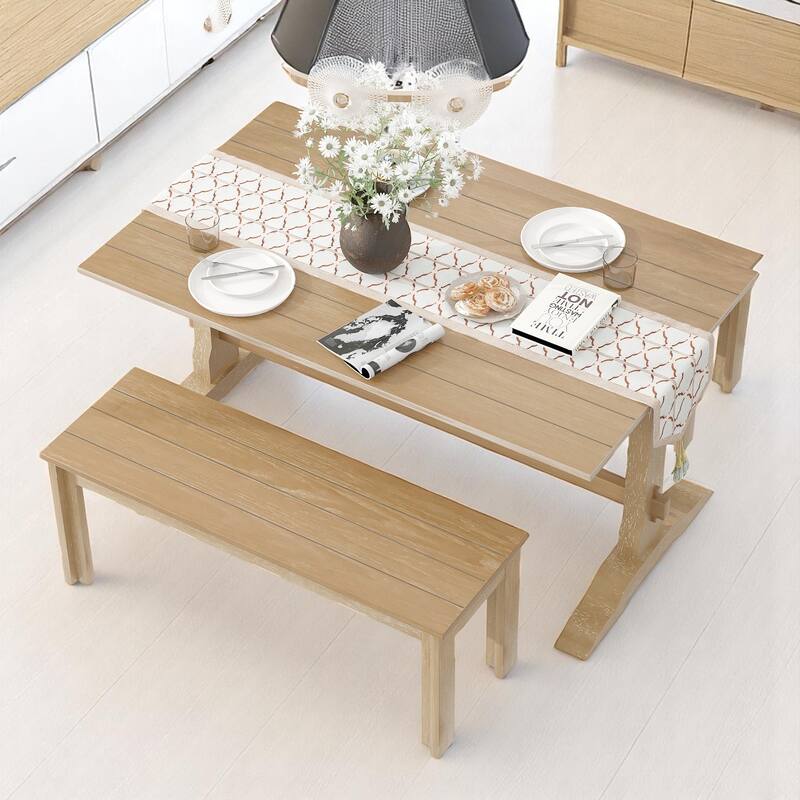 3-Piece Retro Dining Set, Rectangular Trestle Table and 2 Wood Benches, Vintage Dining Set for Dining Room or Kitchen
