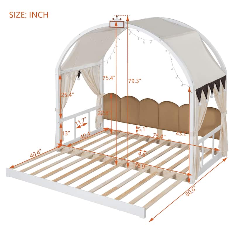 Wood Twin Size Bed Frame with Arched Roof, Floor Bed with Light and Curtain, Pull-out Kids Bed for Girls Boys Bedroom