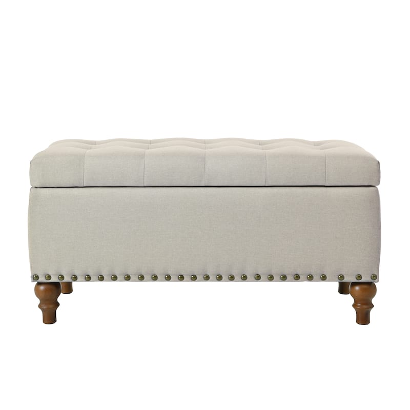 Linen Fabric Storage Ottoman Bench, Multi-Functional Storage Ottoman, End of Bed Bench with Hidden Hinge Lid & Rivet Trim
