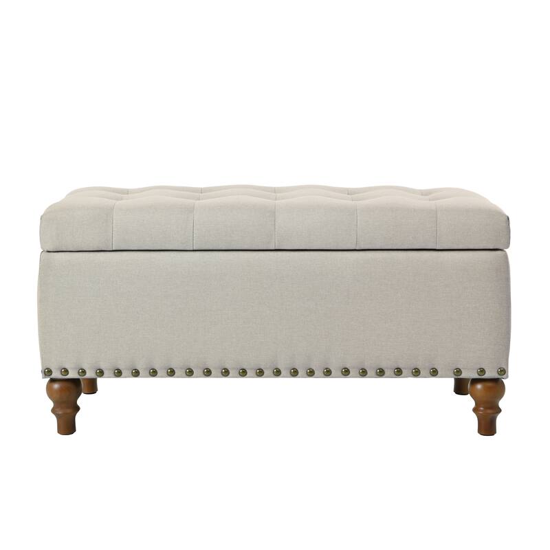 Linen Ottoman Storage Bench with Rivet Trim Around