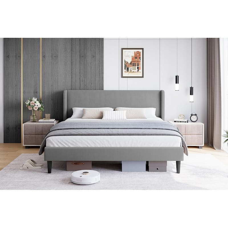 Velvet Upholstered Platform Bed with Wingback Headboard, Wood Slats Support, No Box Spring, Easy Assembly - Full - Grey