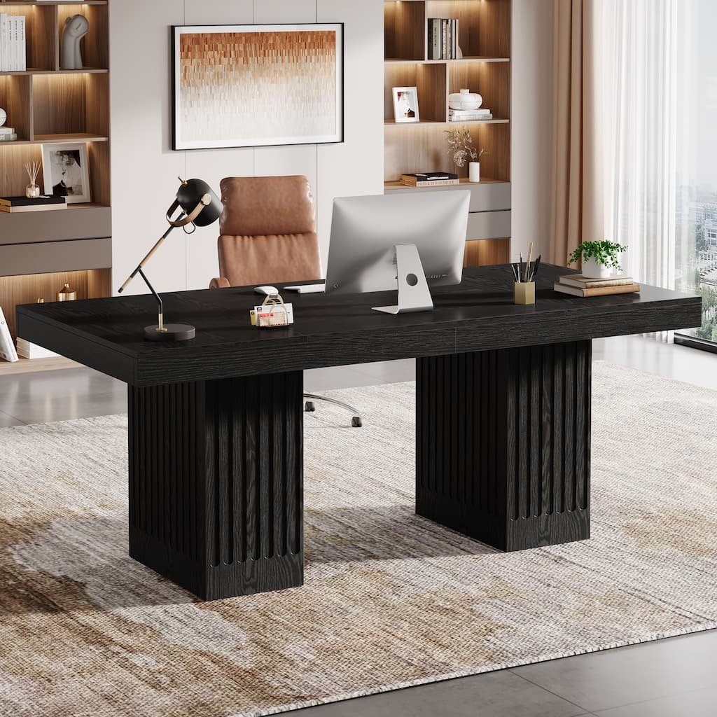 63 Inck Black Desk for Home Office, Modern Couputer Desk with Double Pedestal
