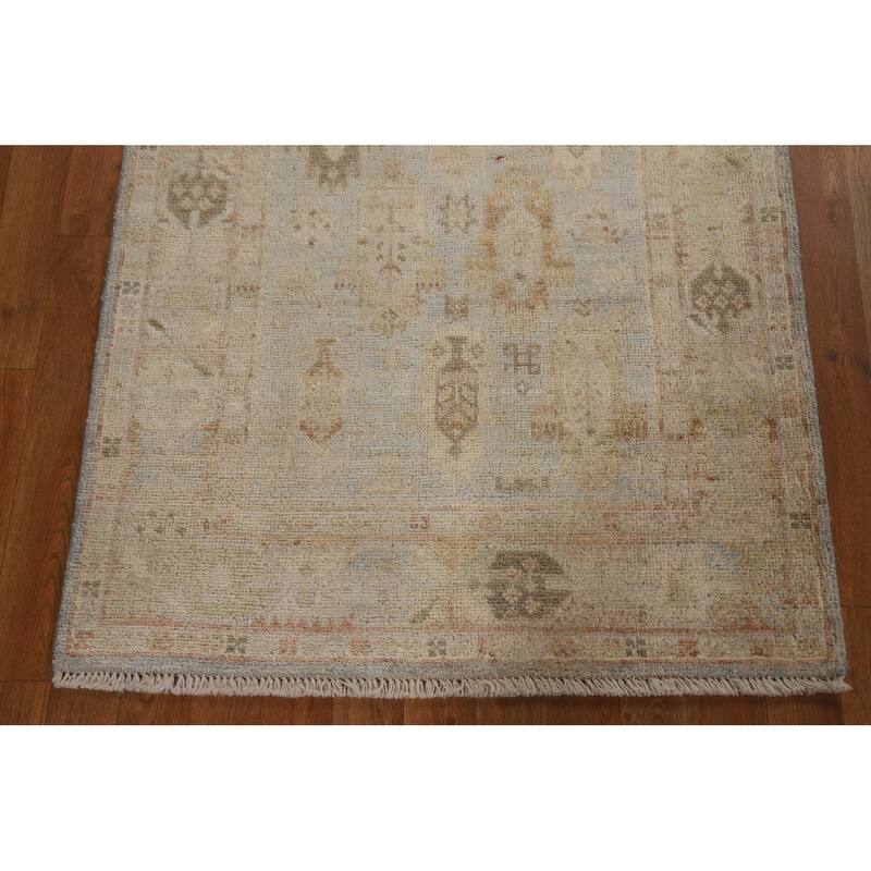 Geometric Oushak Turkish Area Accent Rug Hand-Knotted Wool Carpet - 3'1" x 3'11"