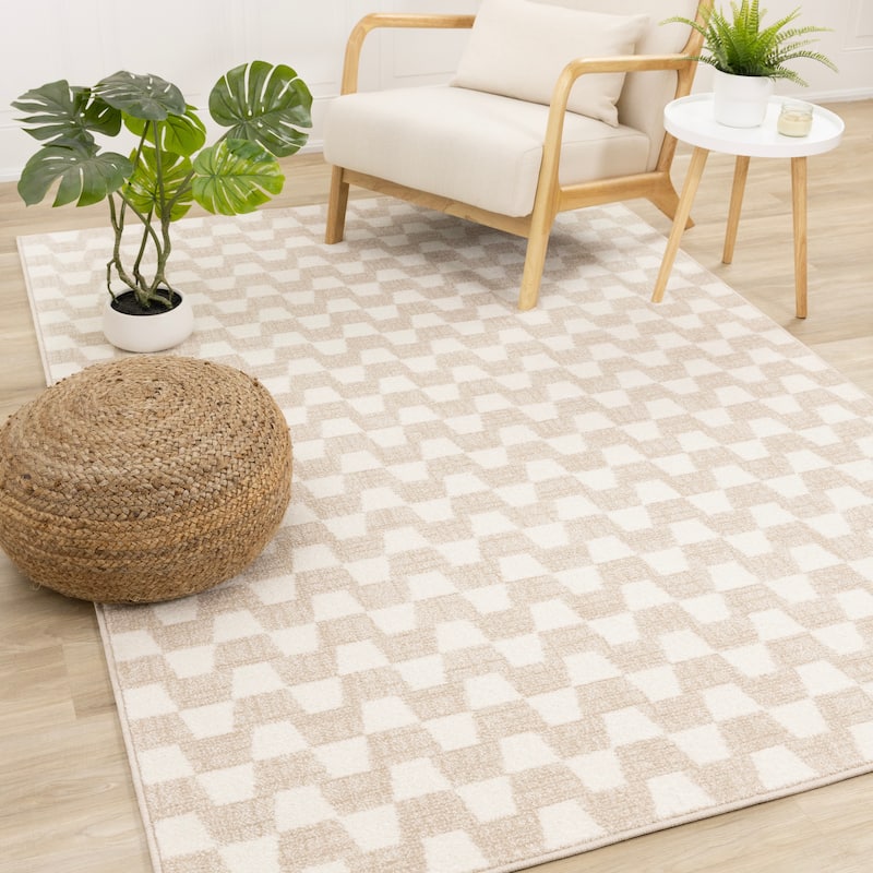Modern Neutral Small Checkered Rug in Cream Beige - 7'10" x 10'6"