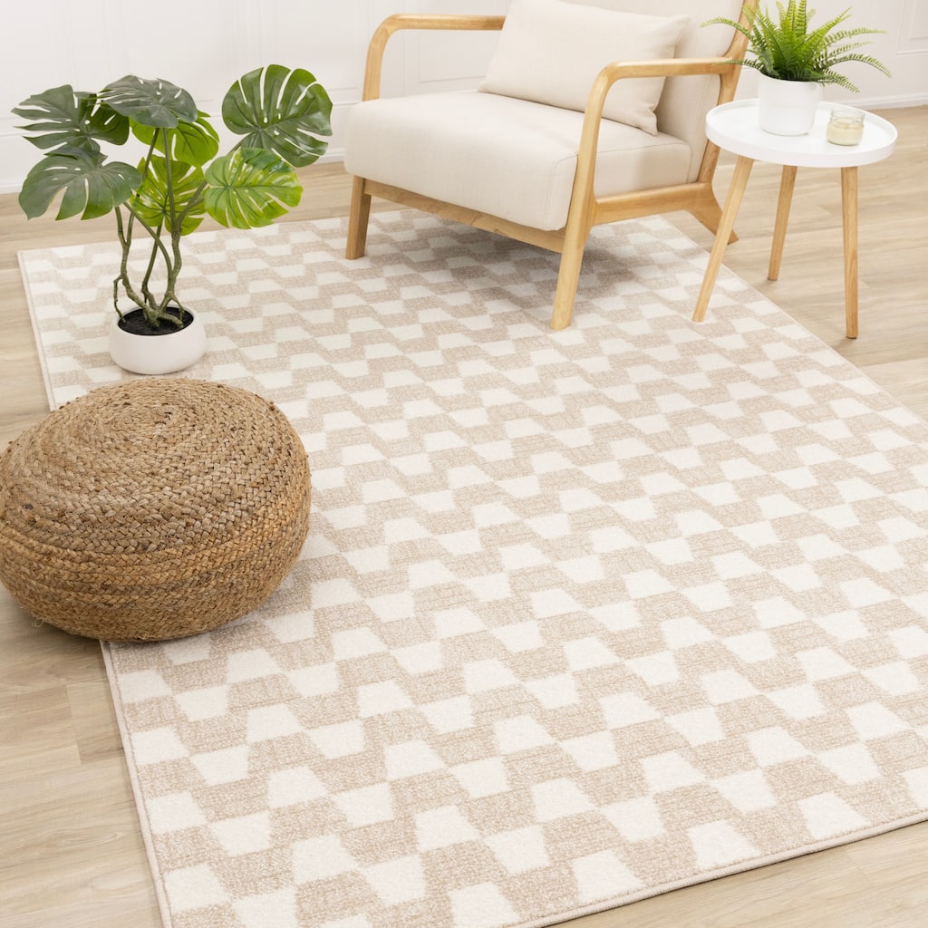Modern Neutral Small Checkered Rug in Cream Beige