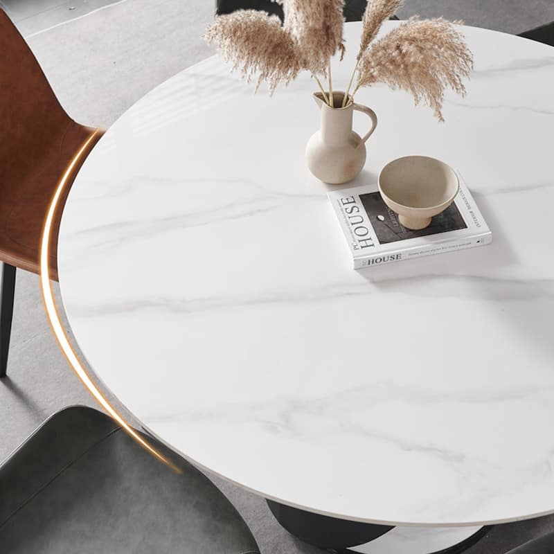 Modern Round White Glossy Dining Table with Sintered Stone Tabletop and Black X Carbon Steel Base