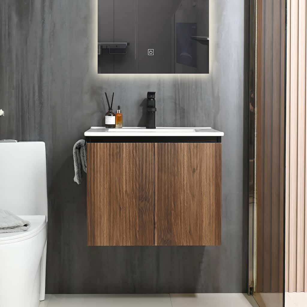 24" Fluted Floating Bathroom Vanity with Ceramic Sink, Mid-Century Modern Wall Mount Cabinet, Soft-Close Doors - 24 Inch