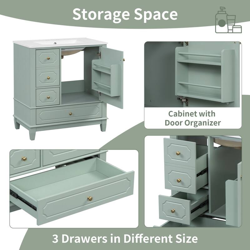 30" Bathroom Vanity with Sink, Ceramic Basin 3 Drawers Soft Close