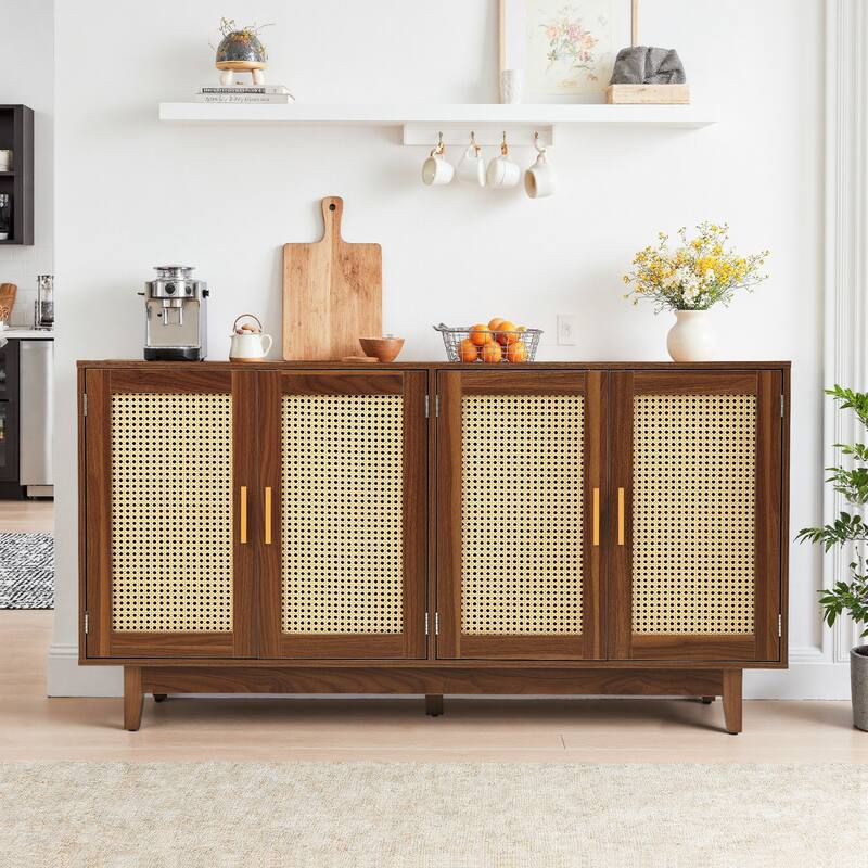 Modern 4 Door Wood Rattan Buffet Sideboard Storage Cabinet