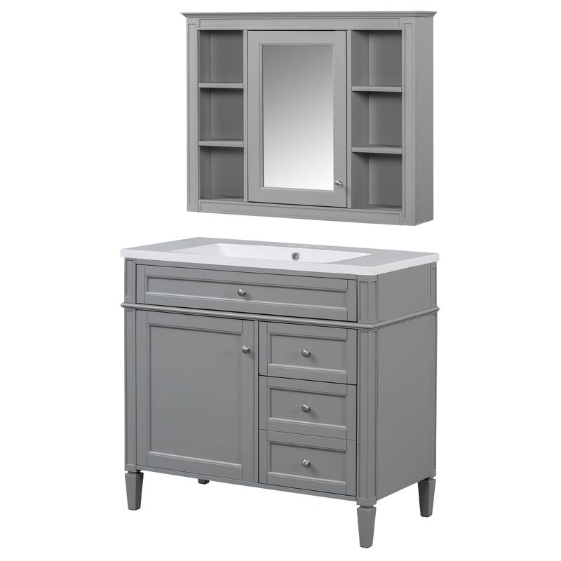 Freestanding Bathroom Vanity & Wall Mounted Mirror Cabinet Set with Resin Sink, Open Shelves, Drawers and Adjustable Shelves