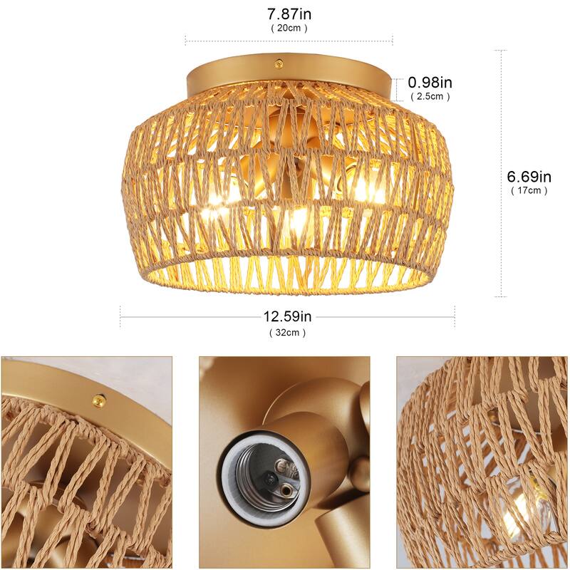 3-Light Rattan Semi Flush Mount Chandelier for Hallway Entryway Dining Room