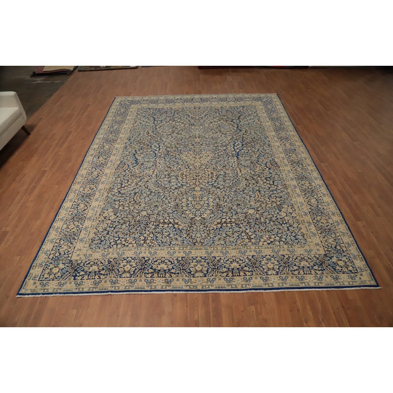 Hand Knotted Oriental 100% Wool Carpet Traditional All-Over Navy Blue & Blues Kerman Area Rug - 12' 10'' X 9' 9''
