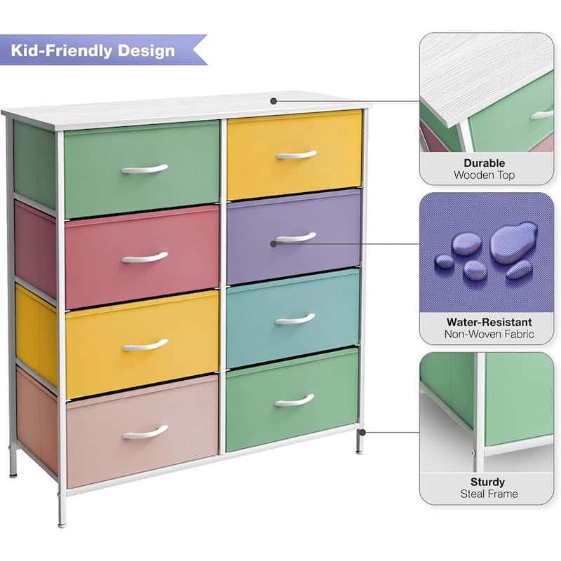 Sorbus Kids Dresser with 8 Drawers - Furniture Storage Chest Tower Unit - Steel Frame, Wood Top, Tie-dye Fabric Bins (Pastel 1)
