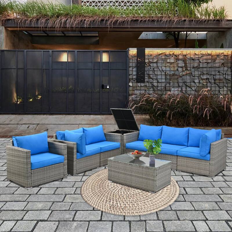 8-Pieces Wicker Outdoor Sectional Set with Glass Coffee Table and Cushions - Blue