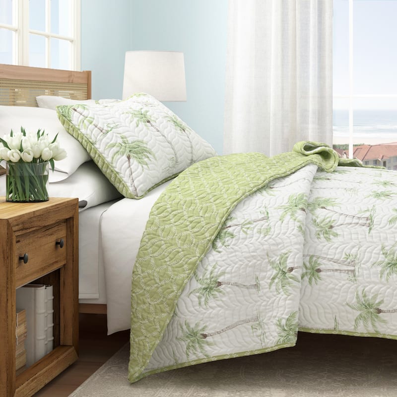 Linery & Co. 3-Piece Tropical Palm Sitched Quilt Set with Shams - West Palm Trees - King