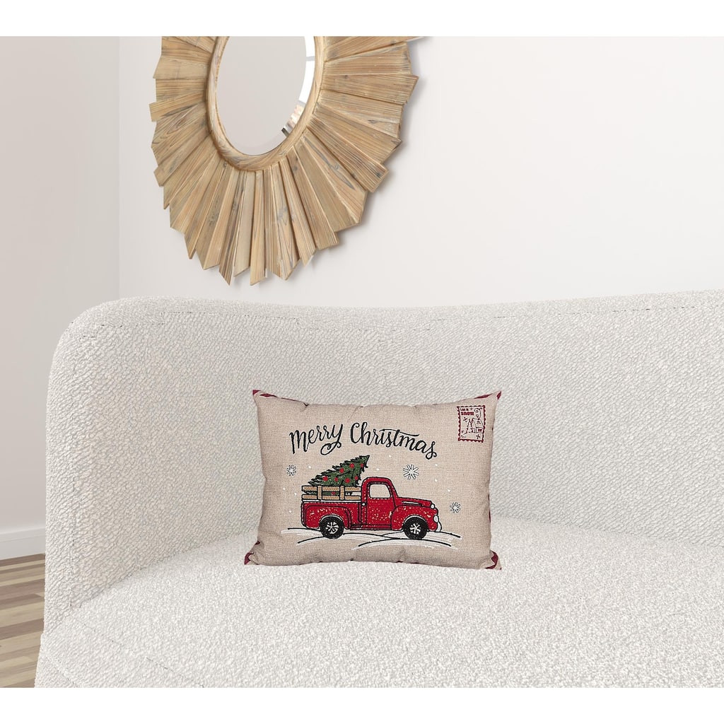 HomeRoots 13" X 18" Beige and Red Christmas Holiday Van Polyester Zippered Pillow