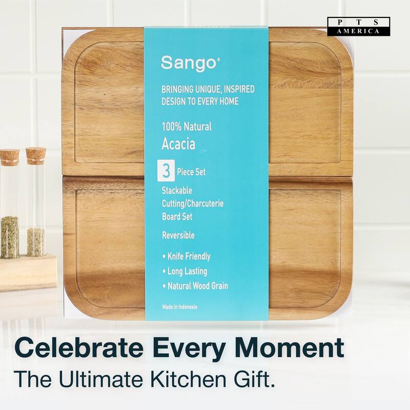 Sango Atelier Acacia Wood 3-Piece Stackable Cutting Board Set- Small & Large Kitchen Chopping Boards for Meat & Vegetables