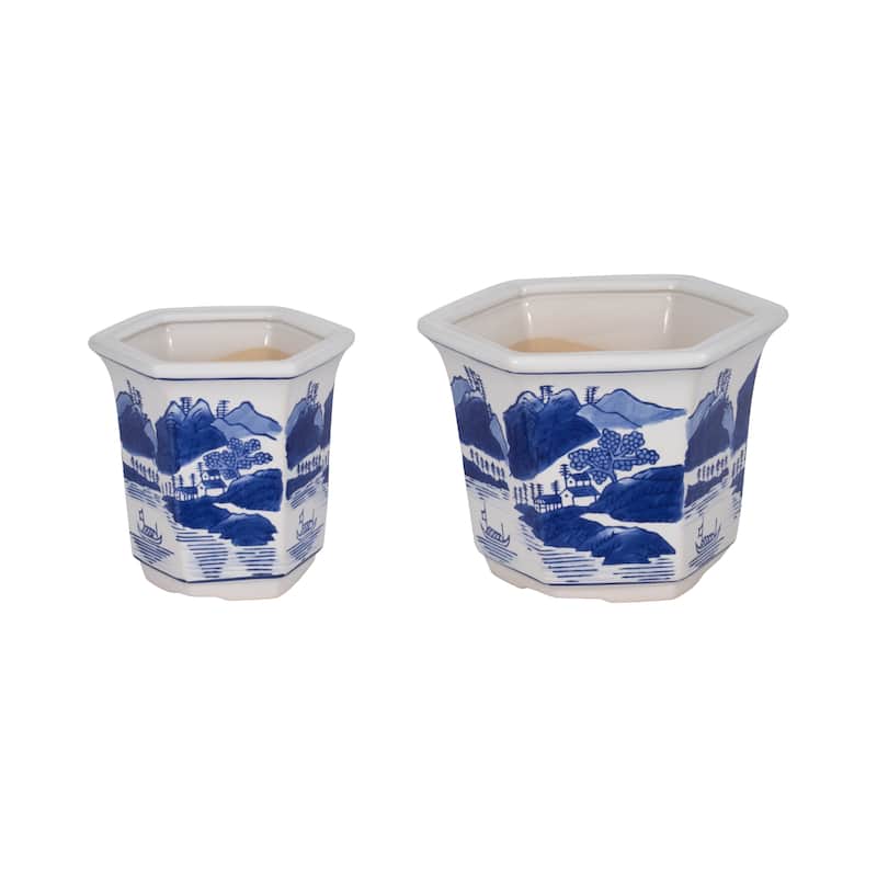 Sagebrook Home's Ceramic Set of 2 Fluted Chinoiserie Planters, Exquisite Blue and White, Perfect for Home Decor - 8" x 8" x 6"