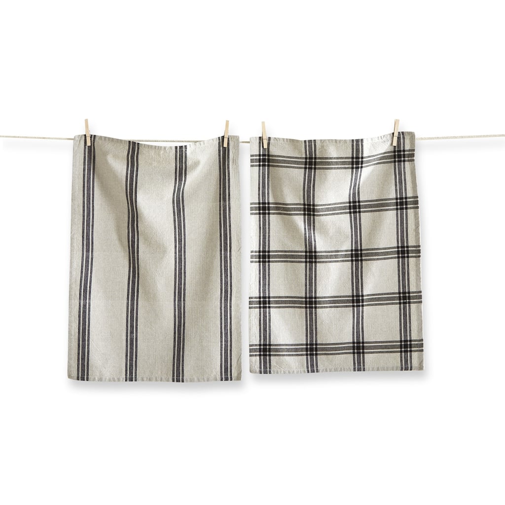 Set of 2 Black Stone Wide Stripe and Check on Beige Background Cotton Kitchen Dishtowels 26L x 18W in.