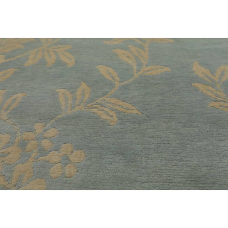 Tibetan Transitional Floral Swiss Wash 4x6 Hand Knotted Wool Aqua Rug - 4' x 6'