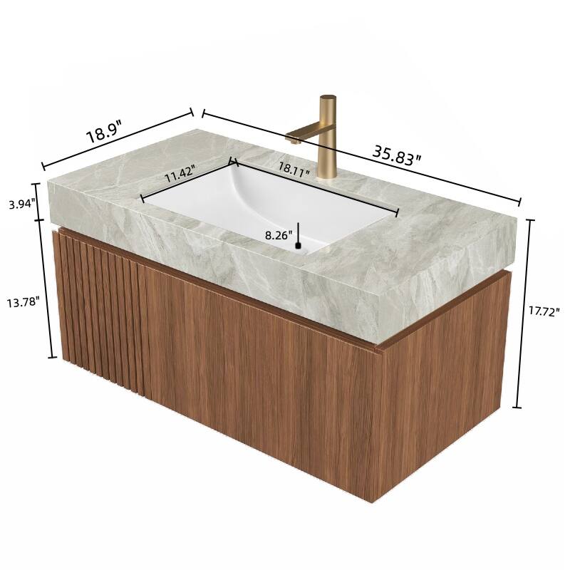 30"/36"/48" Wall-Mounted Bathroom Vanity with Ceramic Sink, Sintered Stone Countertop Floating Bathroom Storage Cabinet