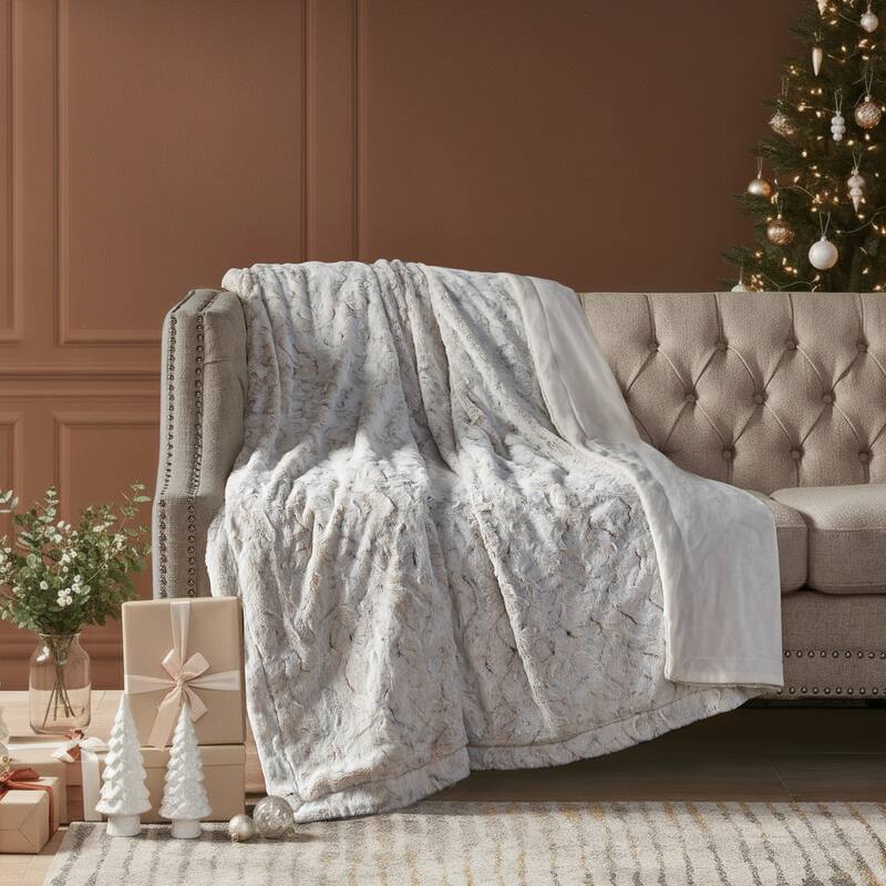 Madison Park Zuri Faux Fur Blanket - 108x90" - Snow Leopard