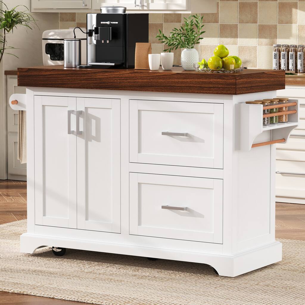 White Rolling Kitchen Island with Adjustable Shelf & Spice Rack, Mobile Kitchen Cart Expandable Kitchen Island on Wheels