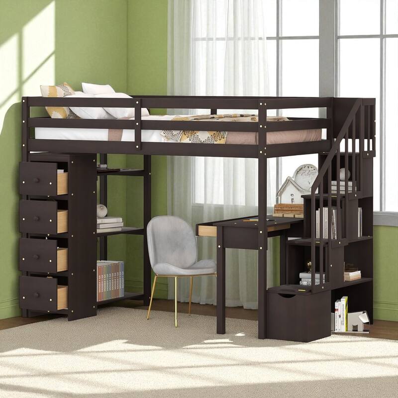 Twin Size Loft Bed with Desk, Storage Drawers, Shelves & Stairs, Wooden Frame for Kids & Teens