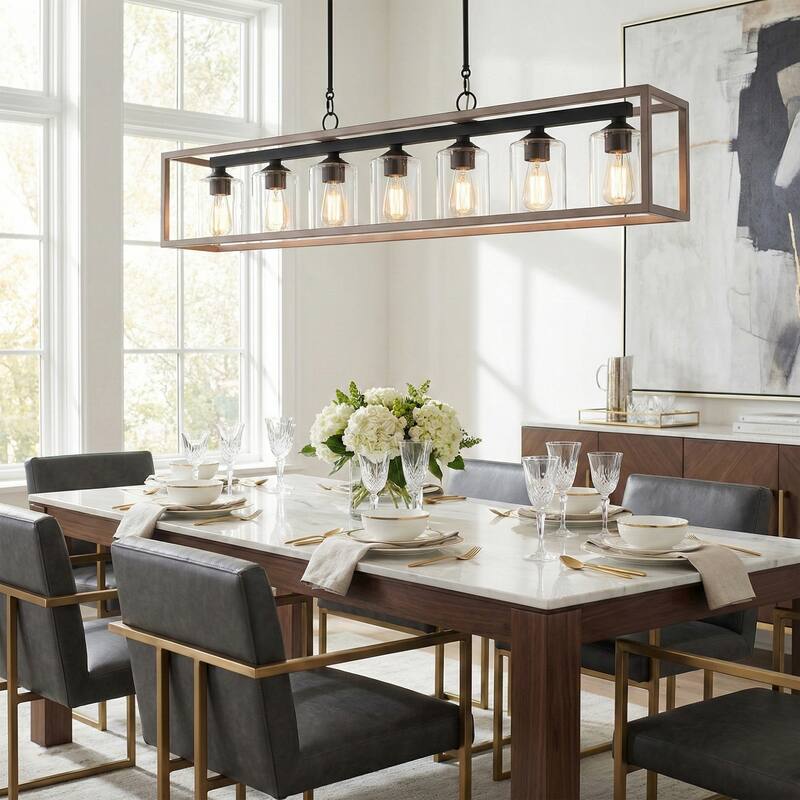 Allegray 48in Farmhouse 7-light Linear Chandelier Rectangle Kitchen Island Pendant - 48'' W x 8'' D x 11'' H