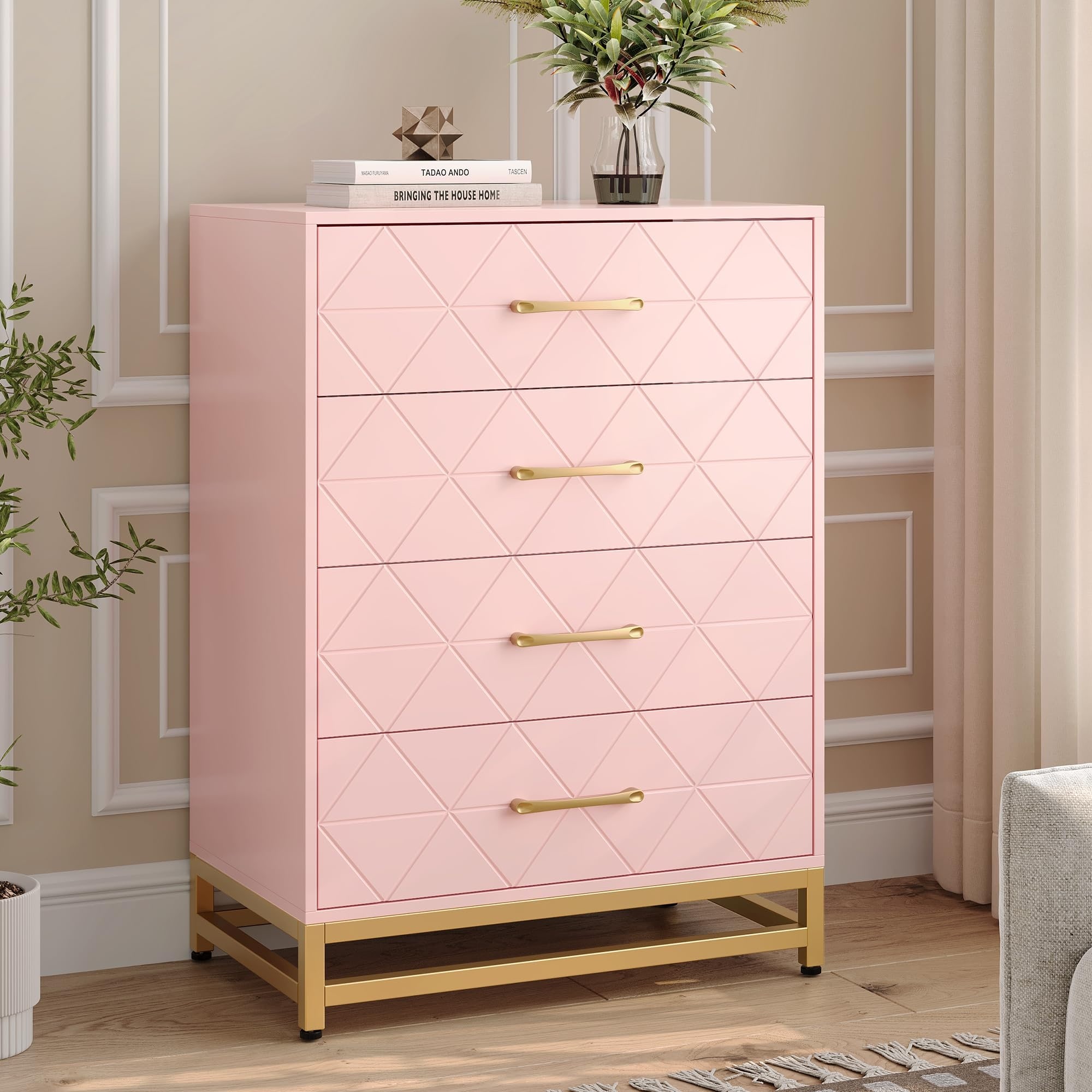 4 Drawer Wood Dresser for Bedroom, Modern Storage Chest for Closet, Living Room, Hallway, or Nursery