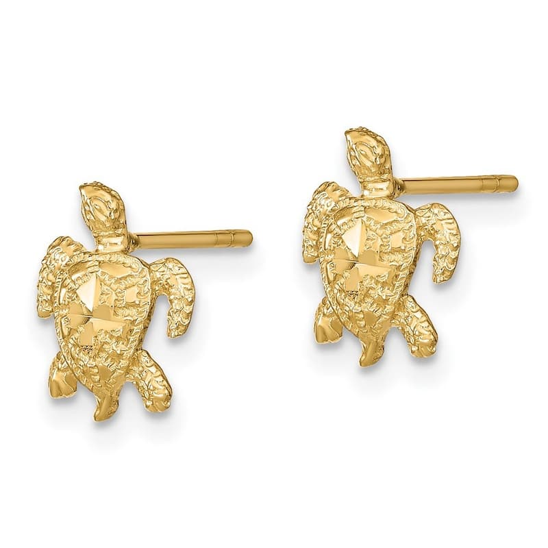 Curata 14k Yellow Gold Sparkle Cut Sea Turtle Post Earrings - 11x9mm