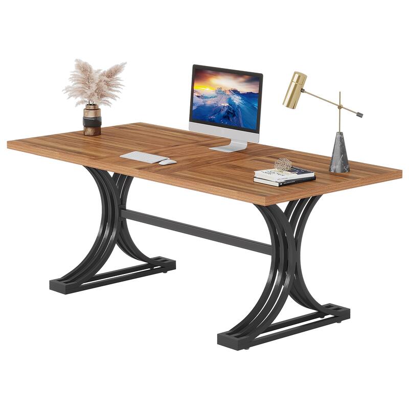 63" Large Rectangular Executive Desk, Wood Faux Marble Table, Business Computer Desk for Home Office