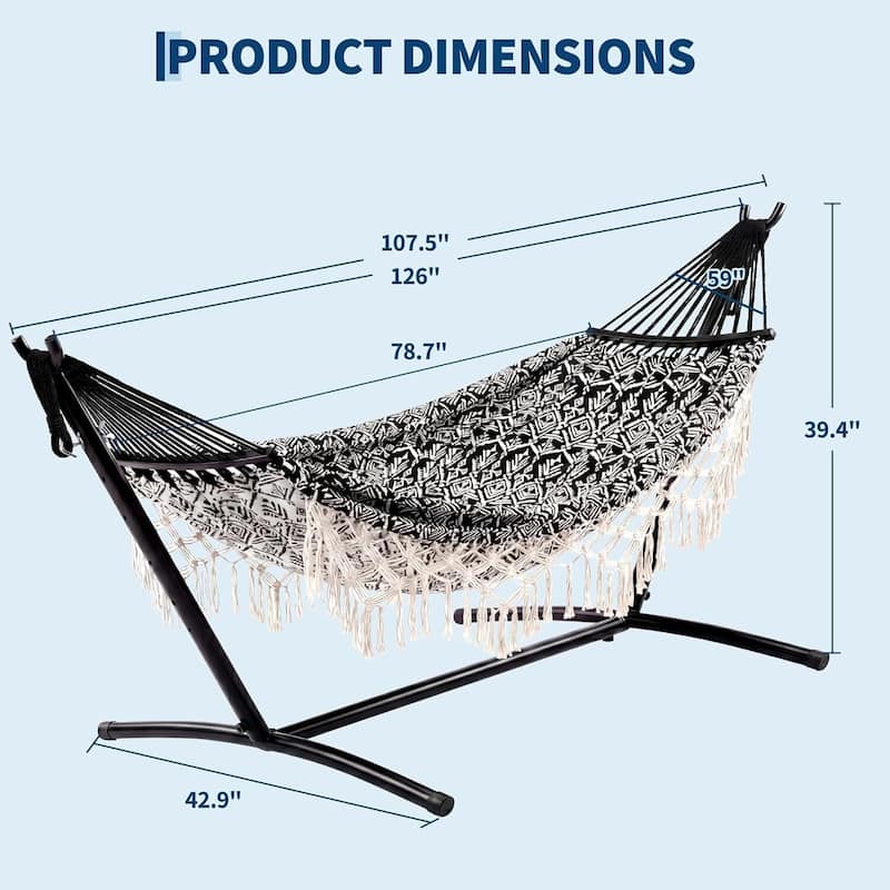 450 LBS Capacity Portable Double Hammock with Stand for Outdoor Patio Backyard Poolside - Black+White