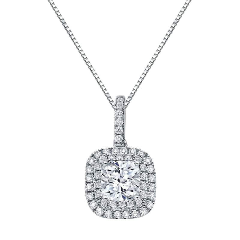 Auriya 14k Gold 3 1/10ct TDW Certified Cushion Cut Double Halo Diamond Necklace (SI1-SI2) - White