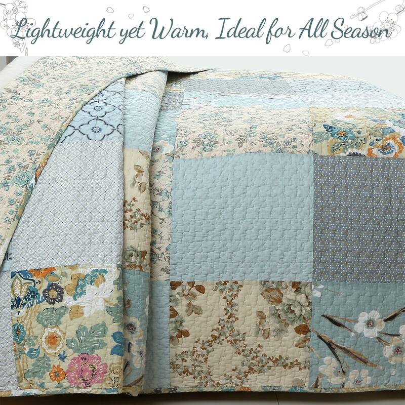 Cozy Line Sky Blue Floral Patens Ogee Patchwork Cotton Quilt Bedding Set