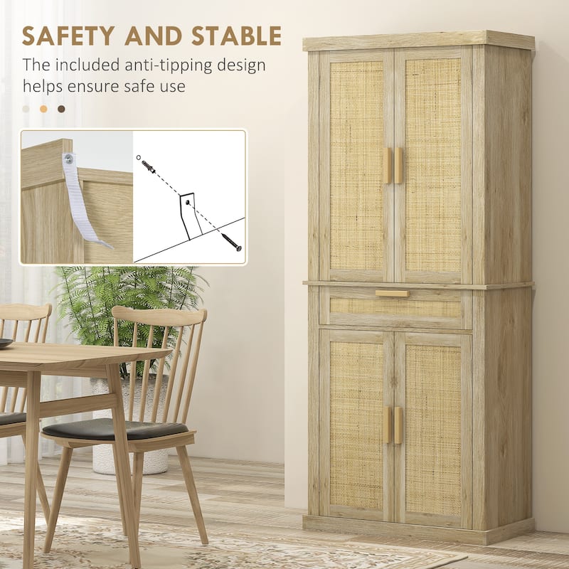 72" Tall Pantry Cabinet with Rattan Decorated Panel, Freestanding Boho Kitchen Storage Cabinet with 4 Doors, Drawer