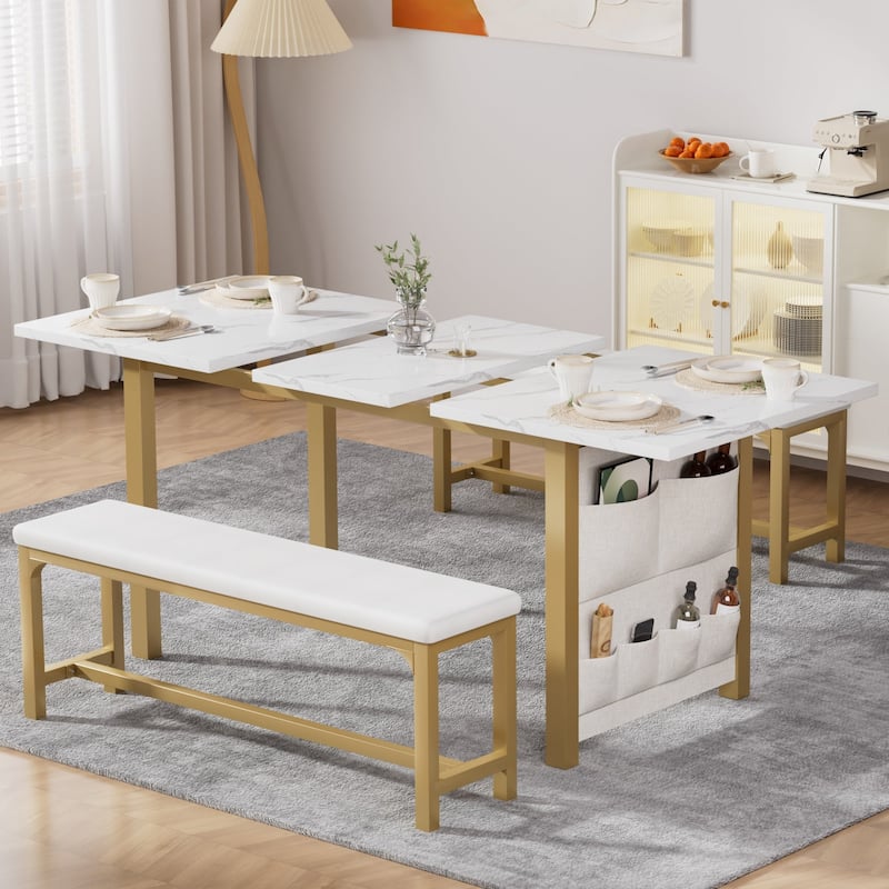 VECELO 3-Piece Extendable 63" Dining Table Set with 2 PU Leather Benches for 4-8 Dining Room Detachable 6-Pocket Storage Bag - Marble White