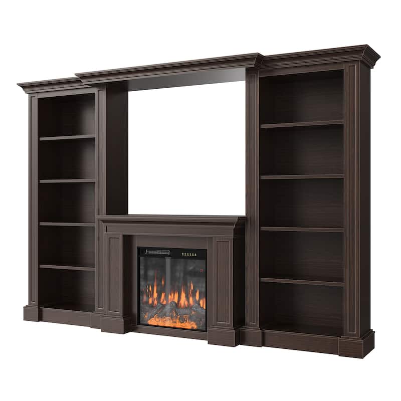 Electric Fireplace Mantel with Bookshelves, 115.5" Entertainment Center with Built-in Shelving