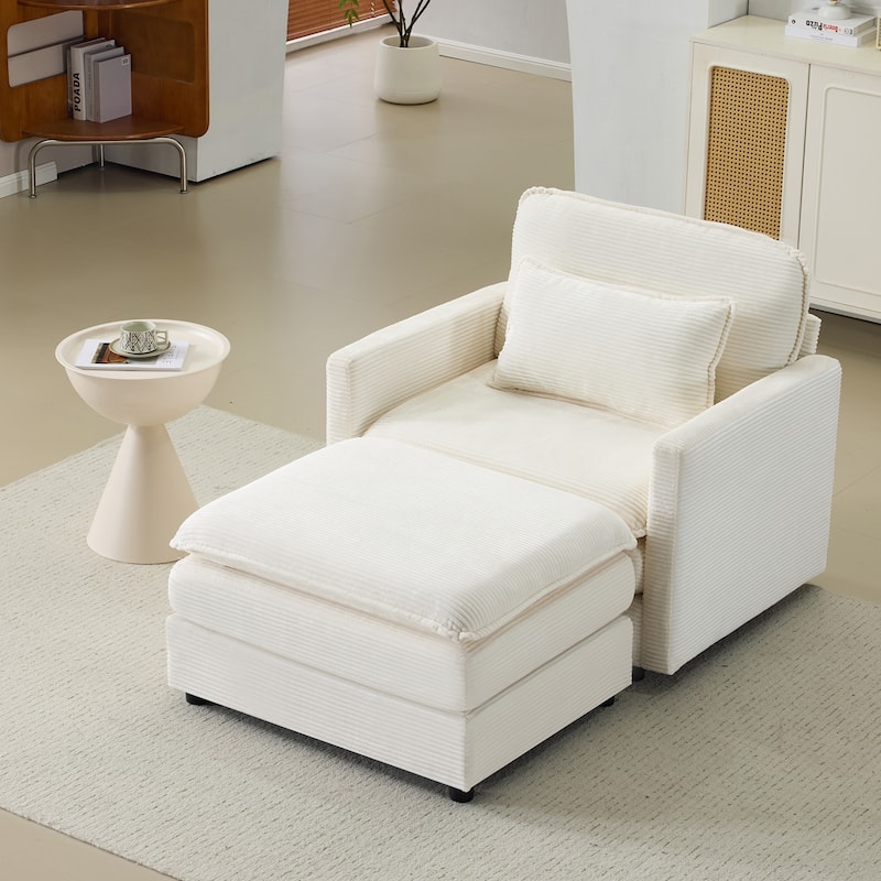 Plush Single Sofa Armchair & Ottoman Set of 2, Corduroy Chaise Lounge with Pillows - Compact Size for Living Room, Bedroom