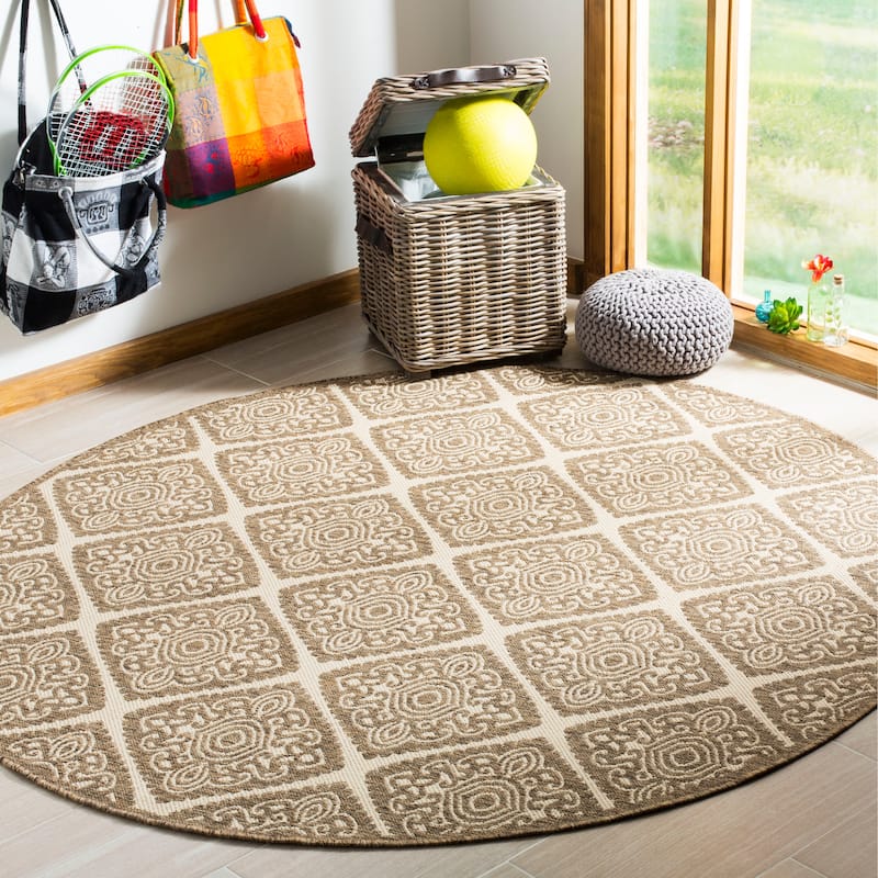 SAFAVIEH Linden Sharron Indoor/ Outdoor Waterproof Patio Backyard Rug - 6'7" Round - Cream/Beige